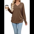 thumbnail image 3 of Camisetas de Mujer con Cuello en V, Larga, Informales, Básicas, Lisas y Suaves Café XXL, 3 of 10