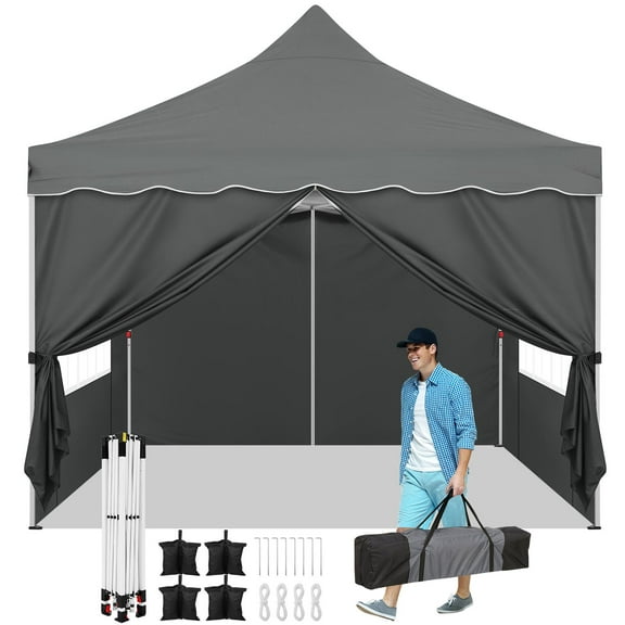 COBIZI 10x10 Pop up Canopy with 4 Removable Sidewalls, Sandbags, Stakes & Ropes, Upf 50  Easy Setup Canopy Tent Waterproof Outdoor Instant Portable Shelter for Business, Events, Vendor, Gray