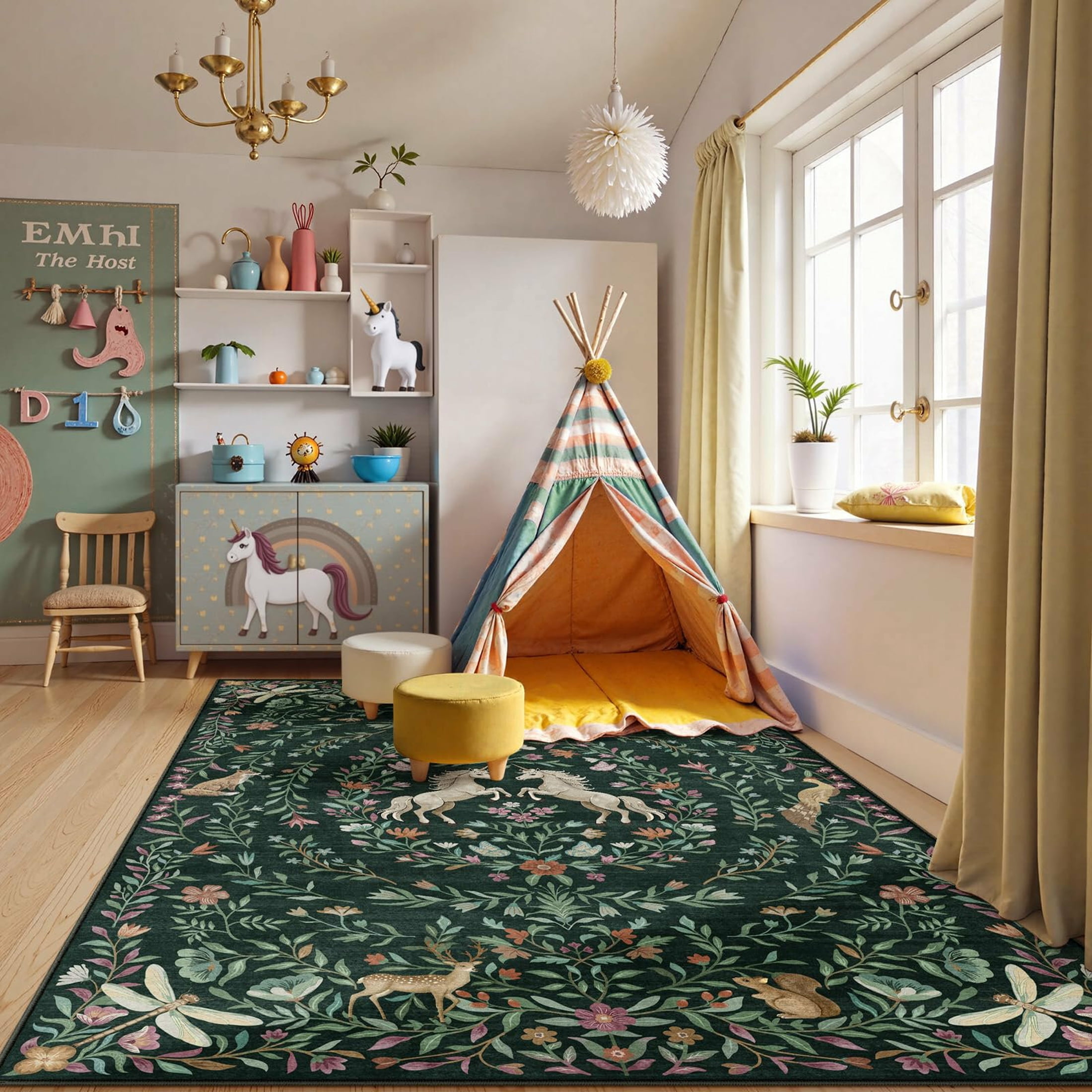 Moynesa 8'x10' Fantasy Garden Area Rugs for Living Room, Washable Vintage Botanical Unicorn Rugs for Bedroom, Large Victorian Accent Carpet for Dining Room Nursery Playroom, Dark Green