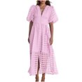 thumbnail image 1 of Mikilon Robes d'Été pour Femmes Ensemble Jupe Aguichant Robe à Carreaux à Manches Courtes Lanterne Aguichant à Col en V Profond Robes Gaine Mode Décontractée Taille Haute Unie Robe de Soirée avec Fente Rose m, 1 of 6