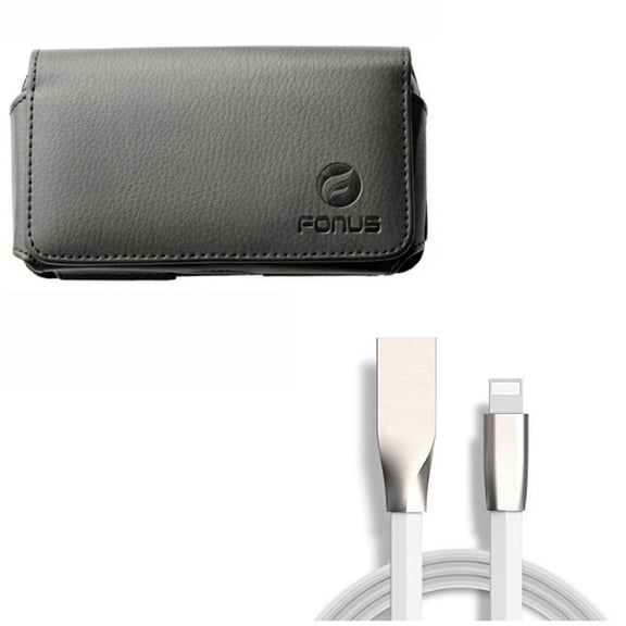 Case Belt Clip w USB Cable for iPhone 8/7/6S/6 - Leather Swivel Holster Loops Cover, 6ft Flat Charger Cord Power Wire for iPhone 8/7/6S/6 Models