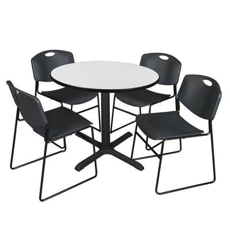 UPC: 0192357142202 | Regency Cain 36 in. Round Breakroom Table- White & 4 Zeng Stack Chairs- Black