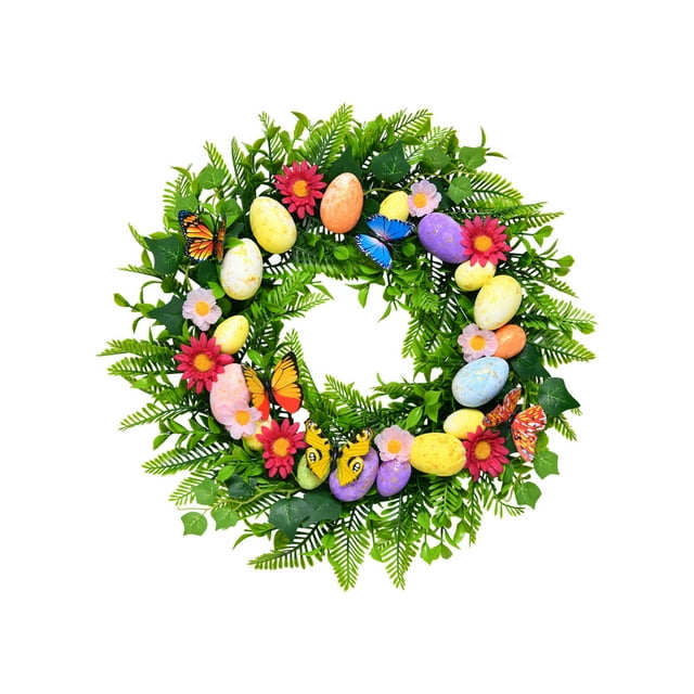 Coronas de la Puerta de la Primavera para la Puerta Delantera Afuera con Huevos de Colores Y Mariposas de 17,72 Pulgadas Colorido Interior Al Aire Libre Decoración Del Hogar Patio Porch