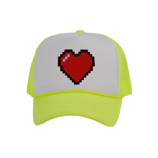 Men's 80's Retro Large 8 Bit Pixelated Heart Gamer Trucker Hat, White/Neon Yellow