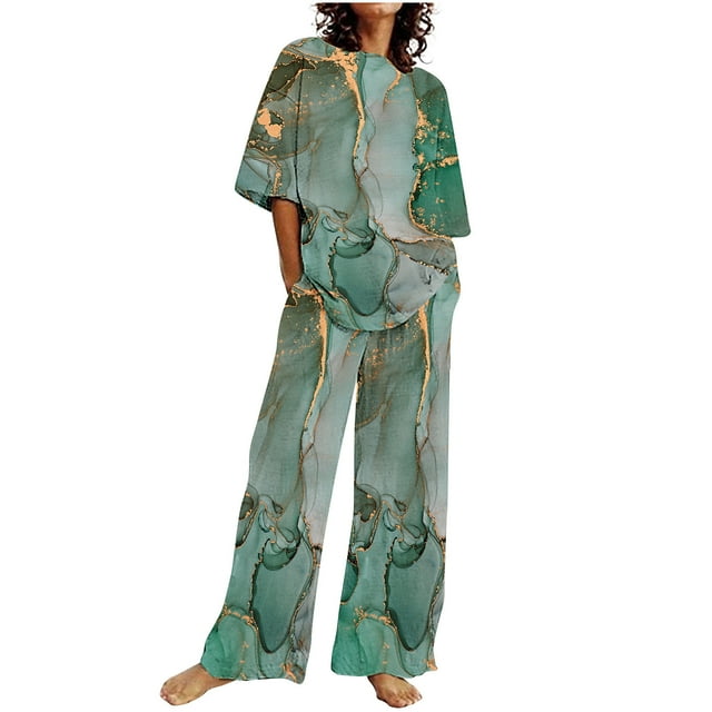 Hauts à Manches Courtes pour Femmes Ensemble d'Été Mode Imprimé Couleur Pantalon Décontracté Ensemble Deux Pièces Hauts à Manches Courtes pour Femmes Hauts d'Été pour Femmes avec Manches