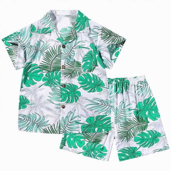 CAICJ98 Boys Hawaiian Outfits Short Sleeve Beach Button-Down Shirt and Shorts Set Kids Toddler Summer Clothes (Green,7-9 Years)