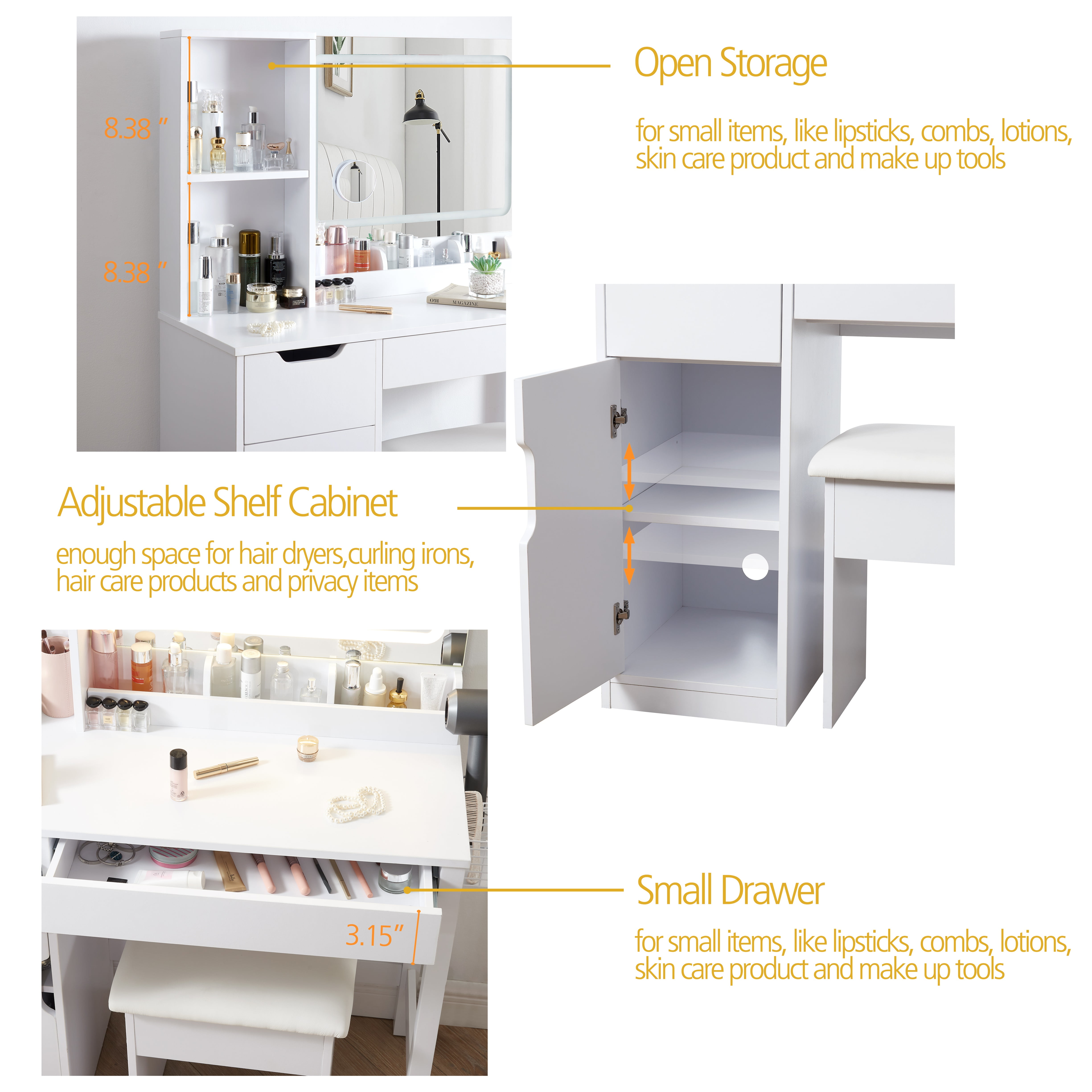 Mainstays Get Ready with Me GRWM Deluxe 2-Piece Vanity and Stool with Lighted Mirror and USB Power, White Finish
