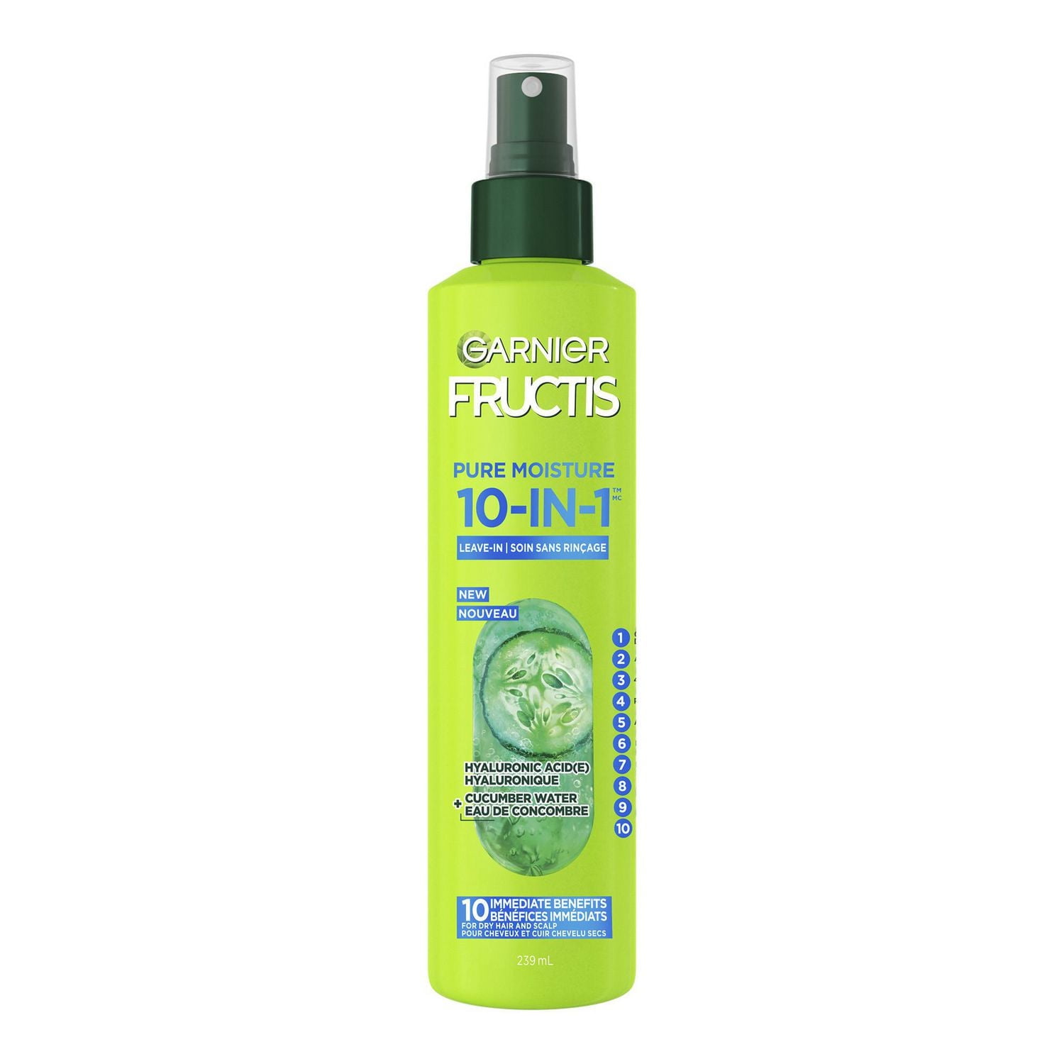 Garnier Fructis Pure Moisture 10-in-1 Leave-In Spray For Dry Hair & Scalp, Hydrating Hair Treatment, With Hyaluronic Acid and Cucumber Water - 239ml, 10 immediate hair benefits