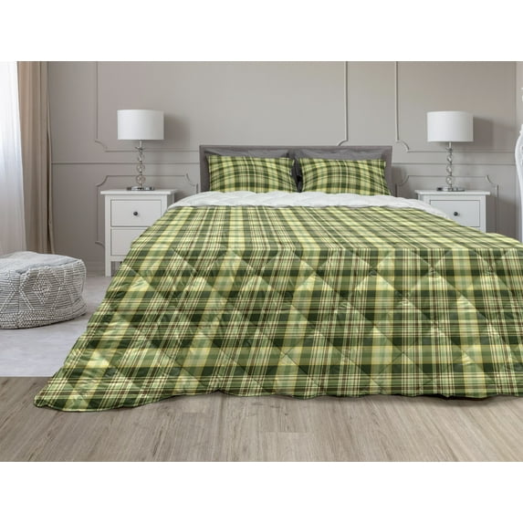 Olive Green Comforter & Sham Bedding Set, Quilt Pattern Traditional Scottish Design Checkered Geometrical, 3 pcs Duvet Set Microfiber Filling Quilt, 5 Sizes, Dark Green Yellow Brown, by Ambesonne