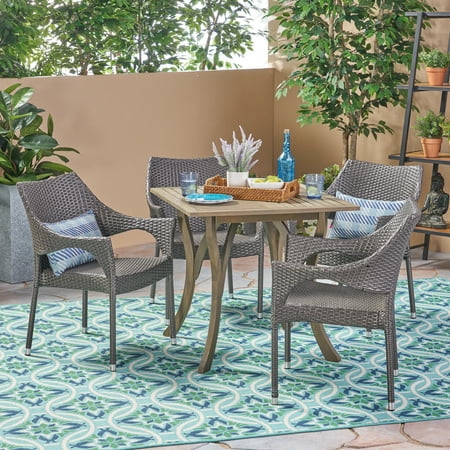 Nayeli Outdoor 5 Piece Wood and Wicker Square Dining Set Gray Gray