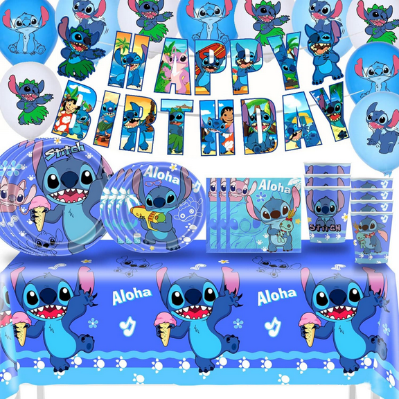 ZOOUSQII Stitch Birthday Party Supplies, Cartoon Party Decorations Set Include Plates Napkins Banner Balloons Cake Toppers Tableware Party Supplies for Boys Girls Birthday Party PD221-016