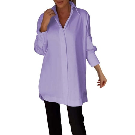 KBZDBZC Blouses for Women Casual Womens Button Down Shirts for Women Long Sleeve Dress Shirt Collared Blouse Tops Tunics Women Blouses Womans T Shirts Womens Shirts (Purple XXXL)