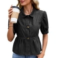 thumbnail image 6 of Karymi Womens Summer Tops Denim Peplum Blouse, Collar Short Sleeve Button-Down Shirt, Puff Sleeve Ruffled Hem Babydoll Top T Shirts for Women, 6 of 8