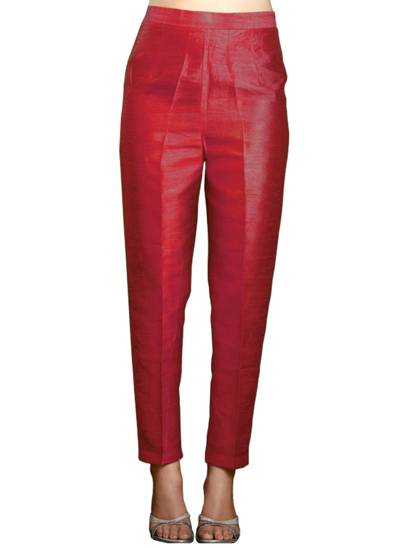 Pants for Women Cigarette Trousers High Waist Silk Pants Soft Breathable  Slim Skinny Pants (Red, 2XL)