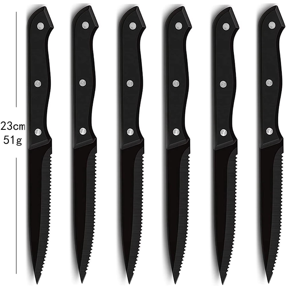 Steak Knives Set of 6,Sharp Serrated Dinner Knife Kitchen Cutting Knife for Meat Cheese Stainless Steel Black Knife Cutlery Set Dishwasher Safe