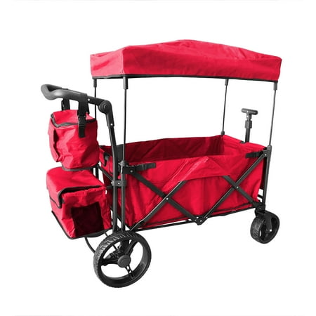 - RED OUTDOOR PUSH FOLDABLE WAGON CANOPY UTILITY TRAVEL CART WIDE TIRES BRAKE