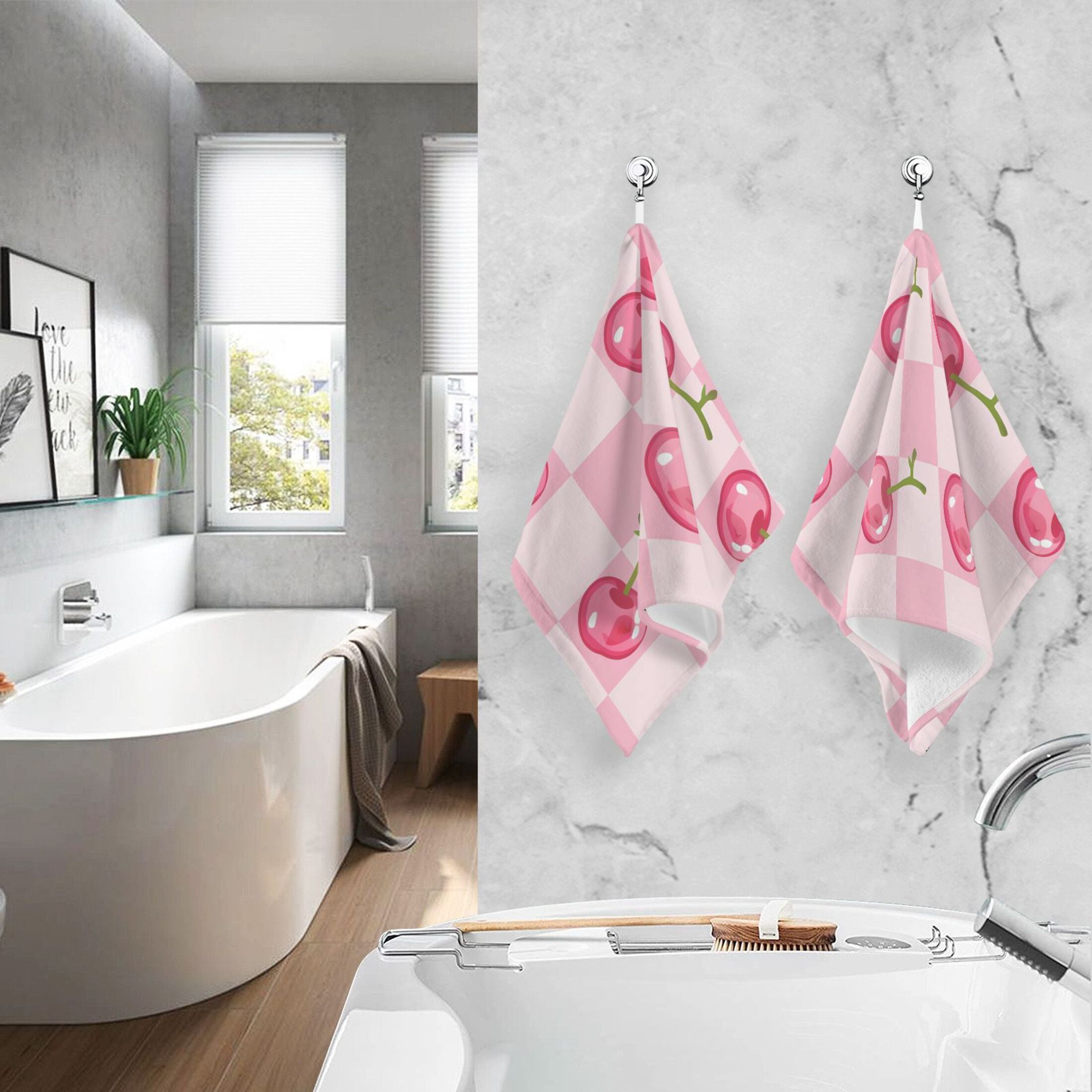 Cherry on Gingham Check 2 Pcs Hand Towel Set Cotton Absorbent Soft Face Towels Bath Towels for Bathroom Kitchen Shower Hotel Decor 16"x28"