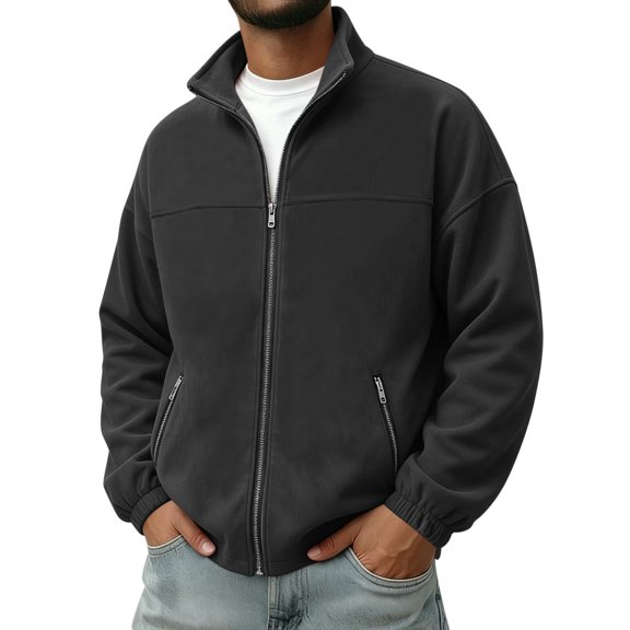 Agkizg Men's Fall Winter Jackets, Solid Stand Collar Full Zip Suedes Jacket Long Sleeve Casual Basic Outerwear with Pockets