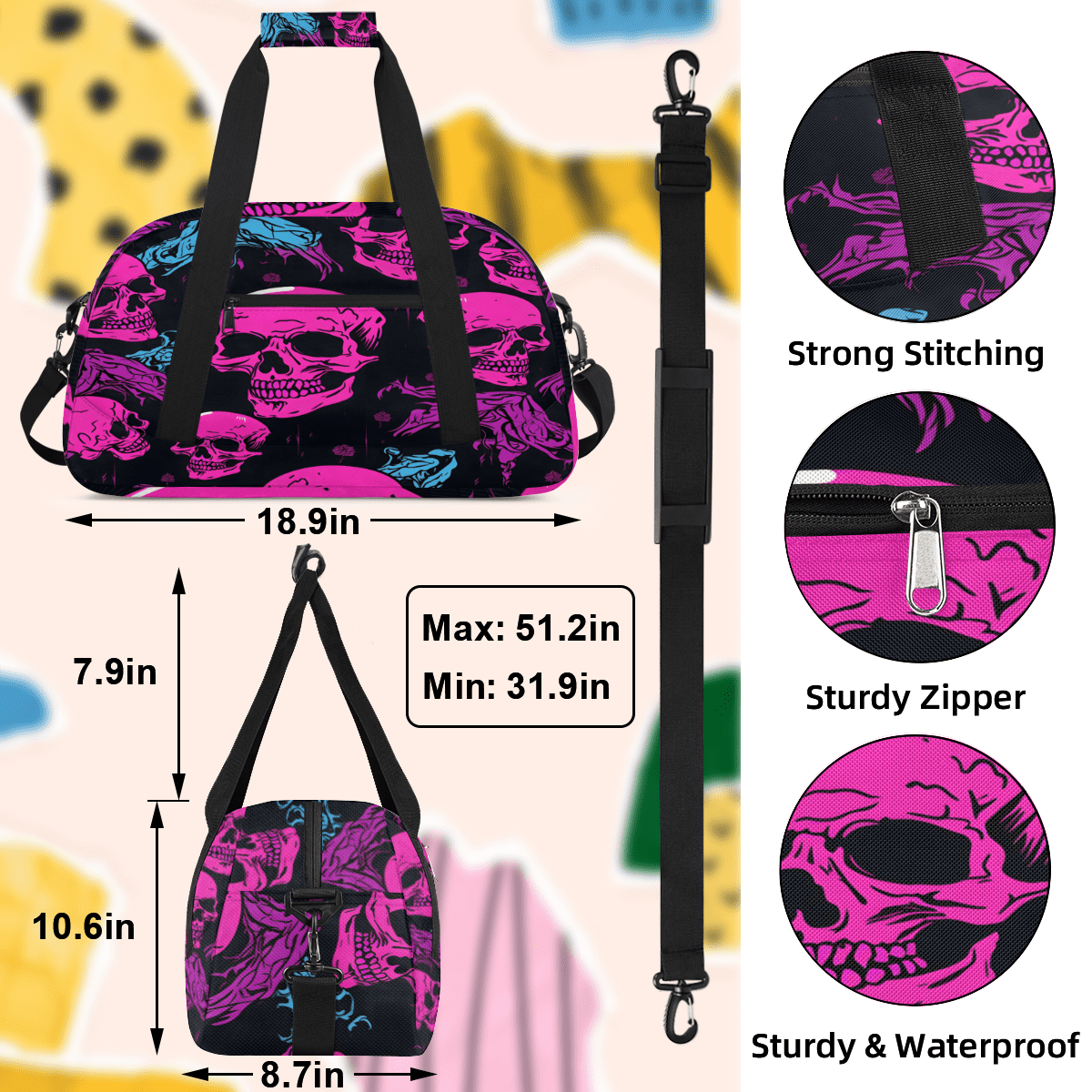 Herdesigns Skull Sports Duffle Bag for Women & Men, Spooky Skull Gym Bag Dance Bag Overnight Bag Carry On Weekender Travel Bag
