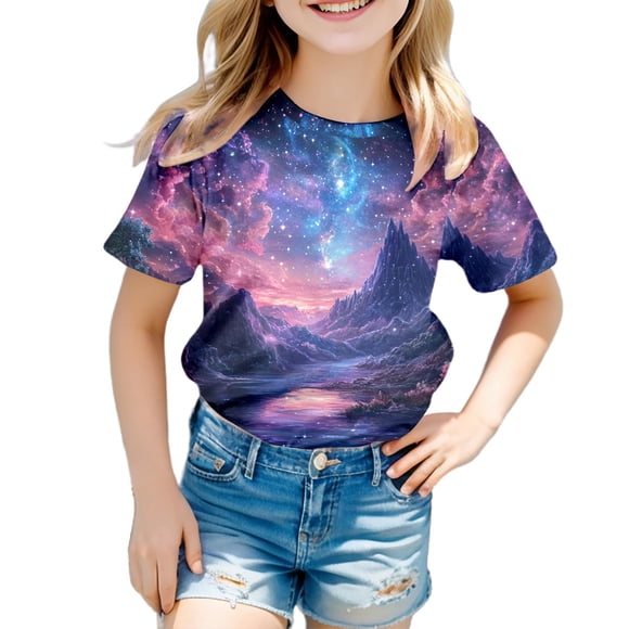 Little Girls Tshirts Galaxy Short Sleeve Crew Neck Fancy Top Teenager 3D Print Glitter Tops Carnival Clothes for Kids Size 6-7T