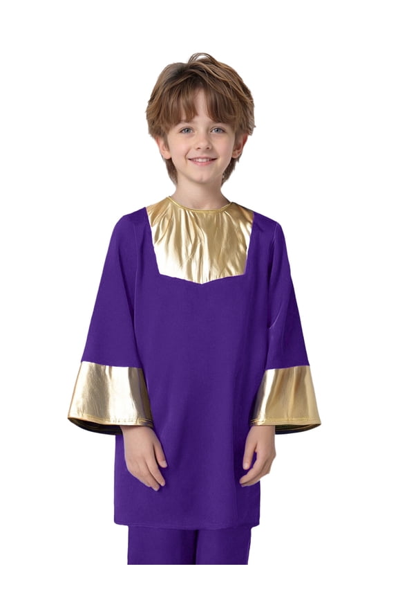 Kids Boys Praise Dance Top Long Sleeve Metallic Back Zipper Choir Church Worship Dance Stage Performance Tunic Top Purple 12