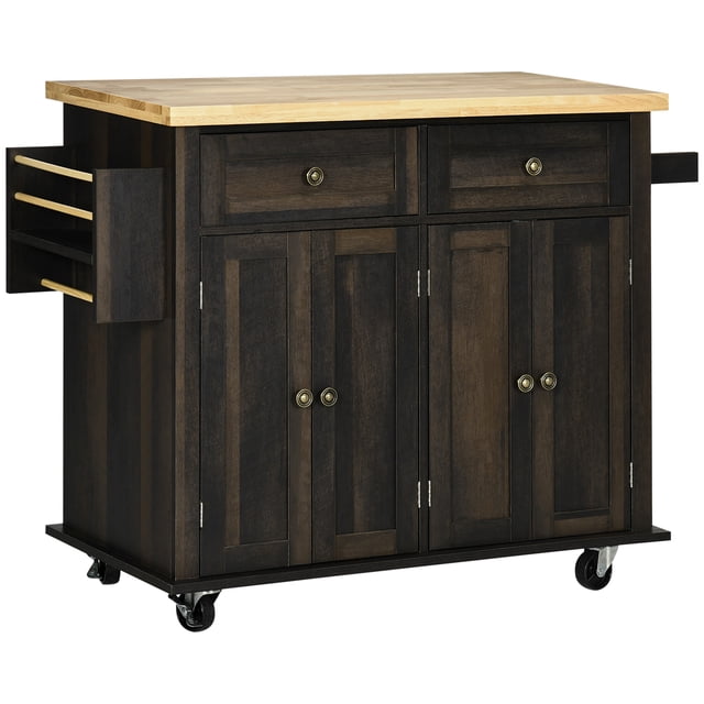 CoSoTower Kitchen Island with Storage, Rolling Trolley Cart with Rubber Wood Top, Spice Rack, Towel Rack, Brown Oak