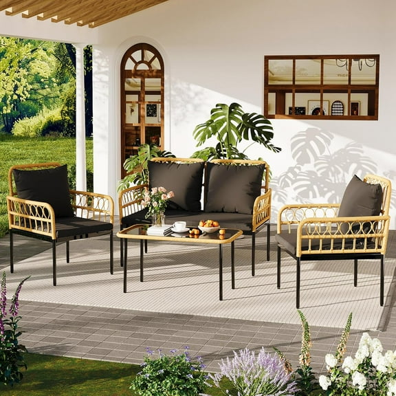 4 Pieces Outdoor Patio Furniture Set with Table, All-Weather Boho Wicker Rattan Patio Sectional L-Shaped Sofa, Metal Frame, Detachable Cushions, for Patio, Balcony, Backyard, Deck, Black