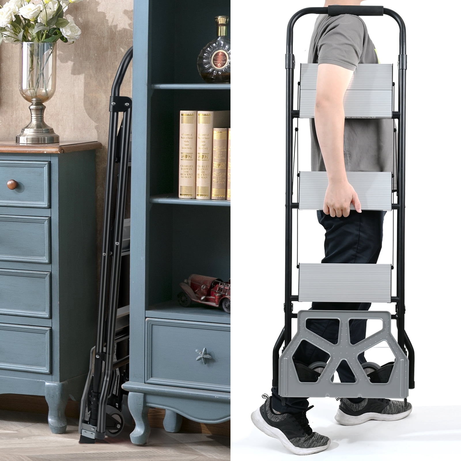 2 in 1 Step Ladder & Hand Truck,Aluminum 3 Step Stool,Folding Ladder with Anti-Slip Pedal,Heavy Duty Dolly Cart, Utility Platform Cart with Wheels
