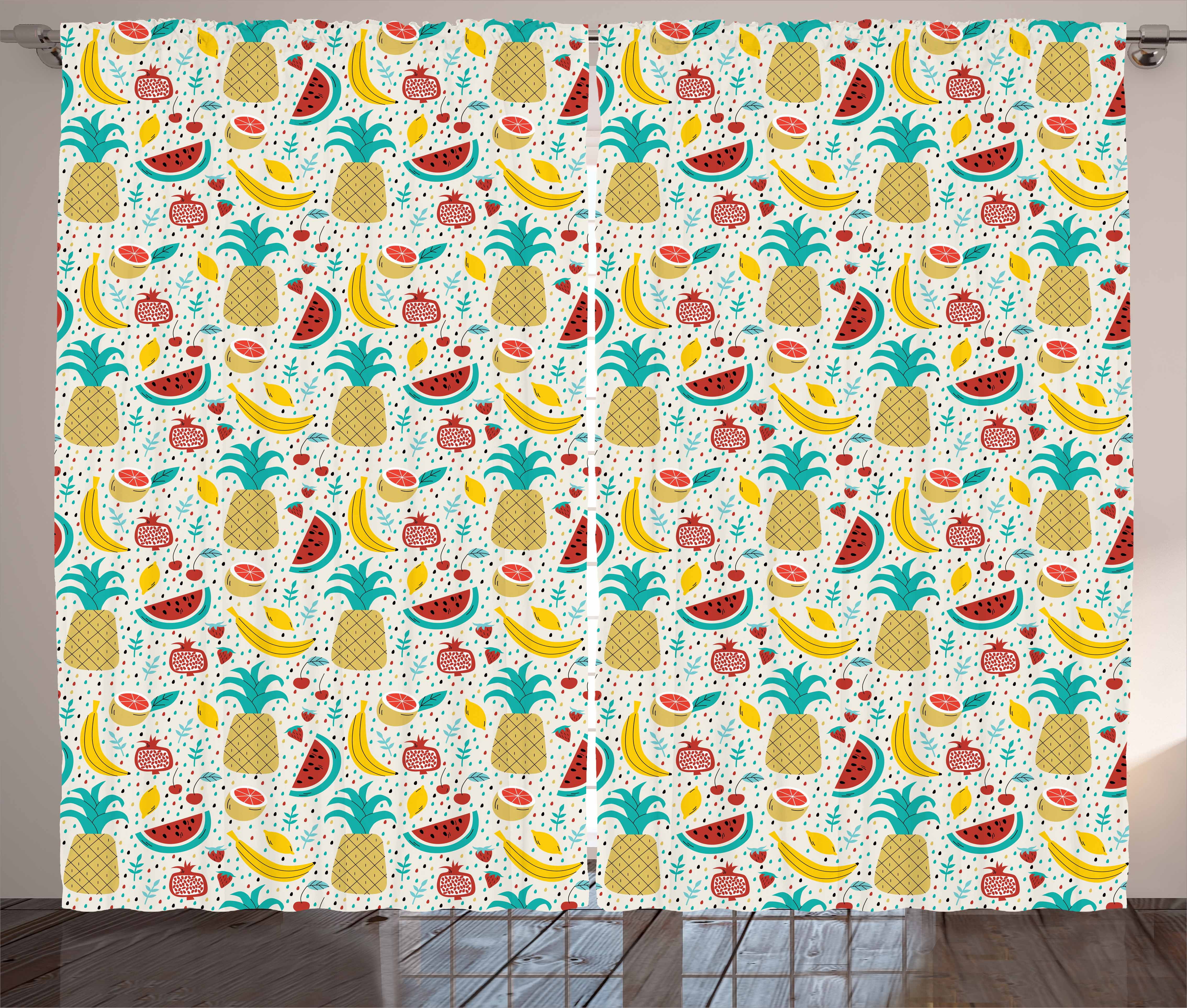 Doodle Curtains 2 Panels Set Fruits Banana Pomegranate Pineapple