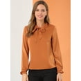 thumbnail image 2 of Camisa de satén elegante para mujer, cuello con volantes, blusa de oficina de trabajo de manga larga, top Caramelo L, 2 of 6