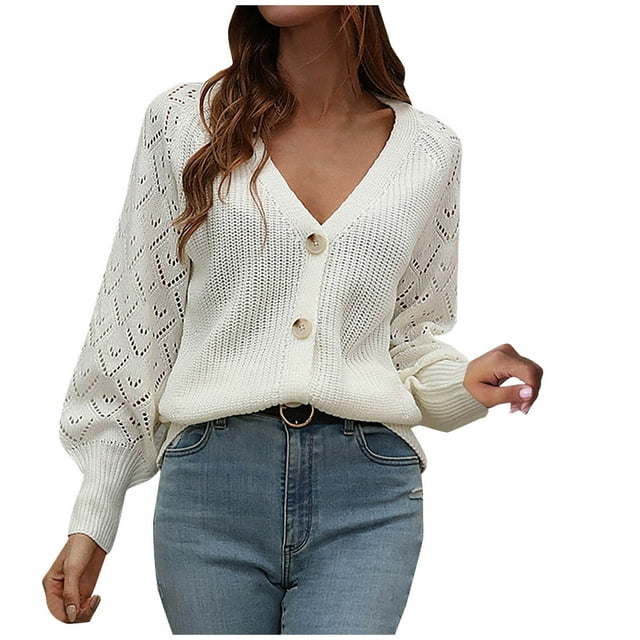 Suéteres Para Mujer Suéteres de Otoño Casual Botones de Punto Sólidos Ahueca Hacia Fuera Suéteres de Manga Larga Con Cuello en V Tops Odeerbi ODB133250
