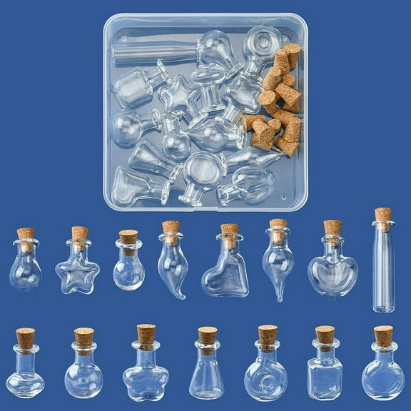 1 Box 15Pcs 15 Styles Mini High Borosilicate Glass Bottle Bead Containers Wishing Bottle with Cork Stopper Star Heart Pepper Mixed Shapes Clear 2.2~4.8x1~1.9cm 1pc/style