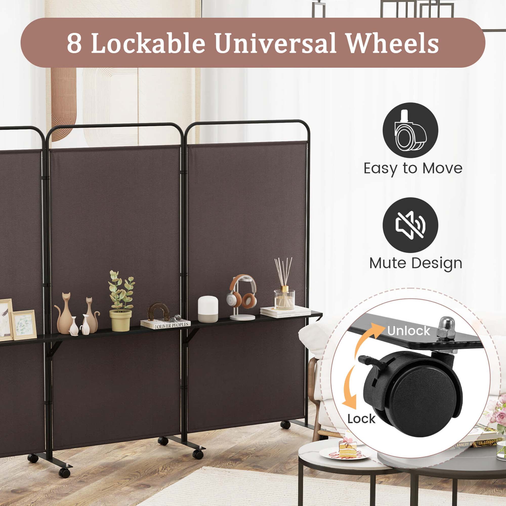 Costway 3-Panel Room Divider with Storage Shelves 6FT Tall Folding Privacy Screen on Wheels Brown
