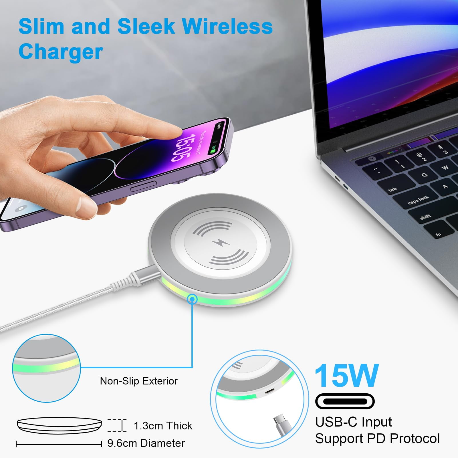 ABCPOW 2PACK 15W Fast Wireless Charger Samsung Android Fast Charging Pad Wireless Charger Mat Wireless Charger Station Compatible for iPhone 17 16 15 14 Samsung Galaxy S24 S23 S22 S21