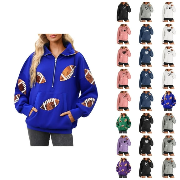 Football Hoodies for Women 2025 Long Sleeve Half Zip Hooded Sweatshirt with Pockets Y2K Pullover Tops
