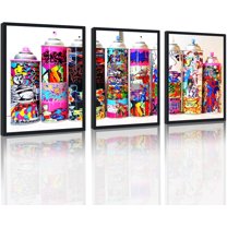 Hieng Large 3 Panels Abstract Wall Art Graffiti Love Grey Background Canvas Painting Poster for Street Living Room Wall Decor Unframed