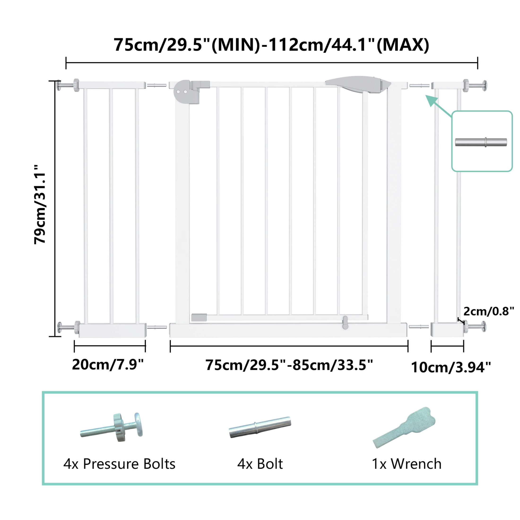 Alvantor White Pressure Mounted Safety Baby Gate, Adjustable 29.5-44.1 Inches Wide, No Drilling Required