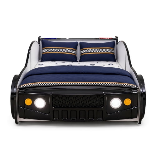 Supreme Energy Twin Size Kids Racing Car Bed with LED Wheel Lights and Headlight Accents, Floor Bed Frame with Full-Length Guardrail and Wood Slats