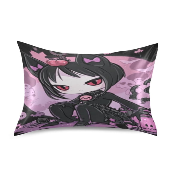 Satin Pillow Case Standard Silk Pillow Cover for Hair and Skin Envelope Closure Cute Vampire with Cat Ears 20"x26"