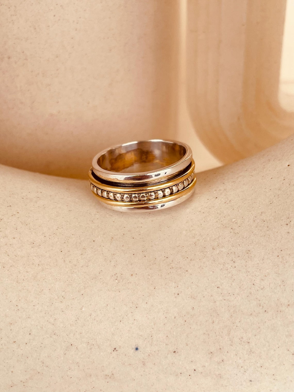 SS DESIGNS- Two-Tone Thumb Fidget Spinner Ring for Women – Handmade Anxiety Relief Meditation Ring, 925 & Gold-Plated Stress Reliever Ring,