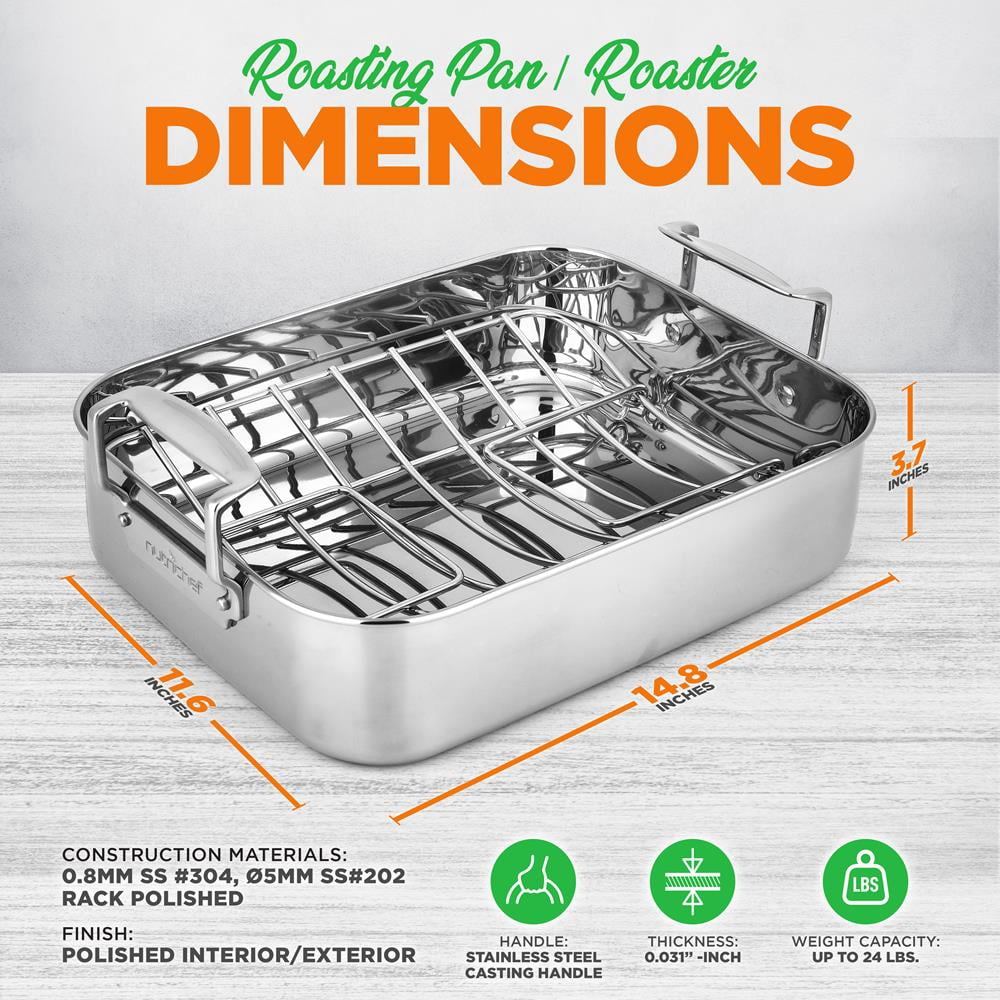 NutriChef Roasting Pan with Polished Rack, Handle, and Stainless Steel - 2 Pieces