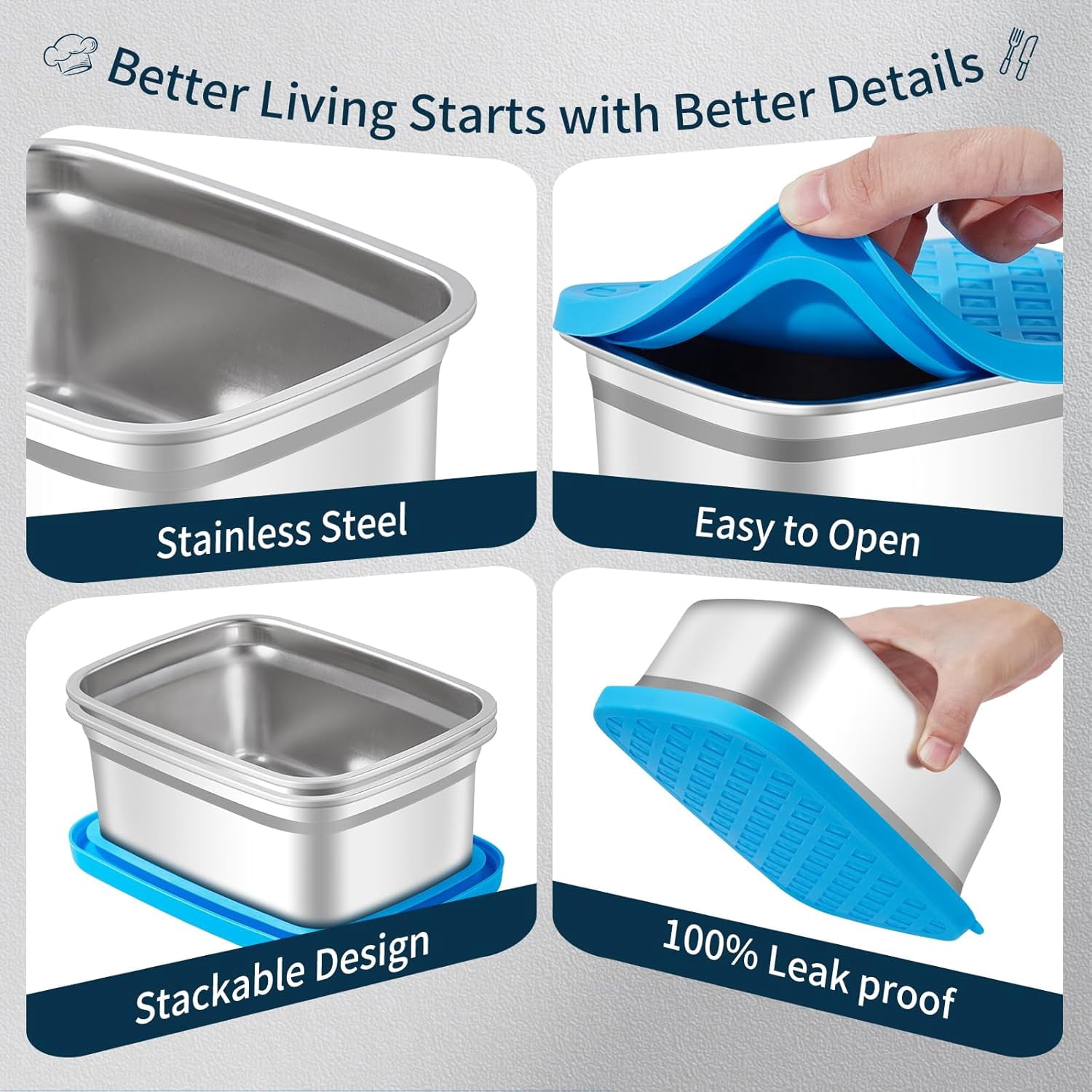 Airtight Silicone Lids Stainless Steel Food Containers - 5 Pack Extra Heavy Duty Meal Prep Boxes for Lunch, Freezer & Dishwasher Safe