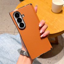 ELEHOLD Case for Samsung Galaxy Z Fold 7, Sleek Electroplated Shockproof Leather Case, Raised Edge Camera Protection,Brown