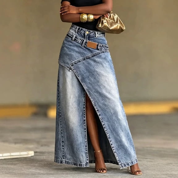 Morttic Women's Wash Denim Long Maxi Skirt – High Waist Relaxed High Slit Classic Back Pocket Western Streetwear A-Line Skirt Blue，S