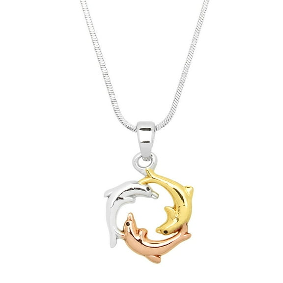 Triple Dolphin Pendant Necklace Gold Rhodium Rose Gold Plated 17 Inch Snake Chain J0731