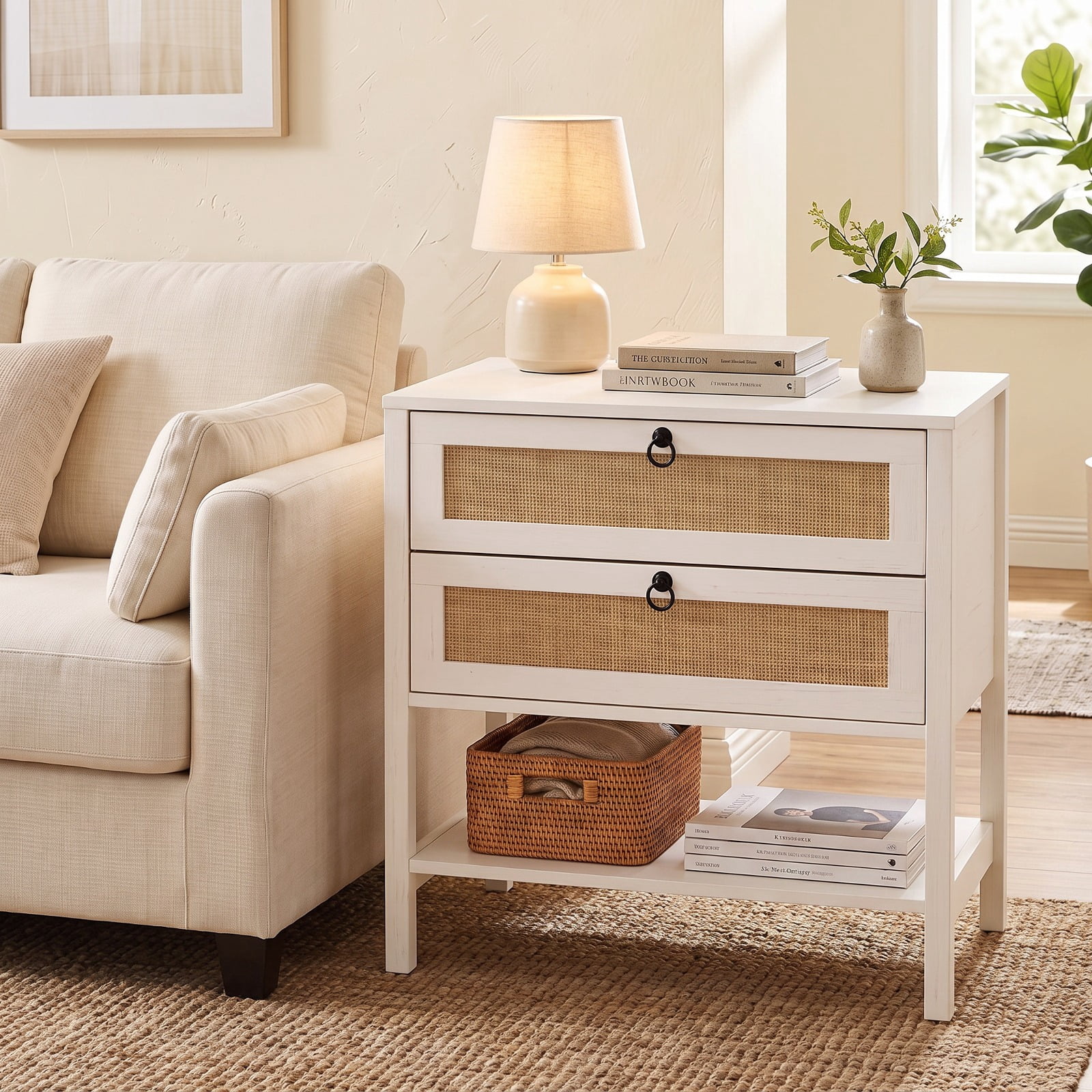 Furnibear Boho Rattan Nightstand with 2 Drawers and Bottom Open Shelf for Bedroom Living Room Bedside Sofa Side Small Space, White