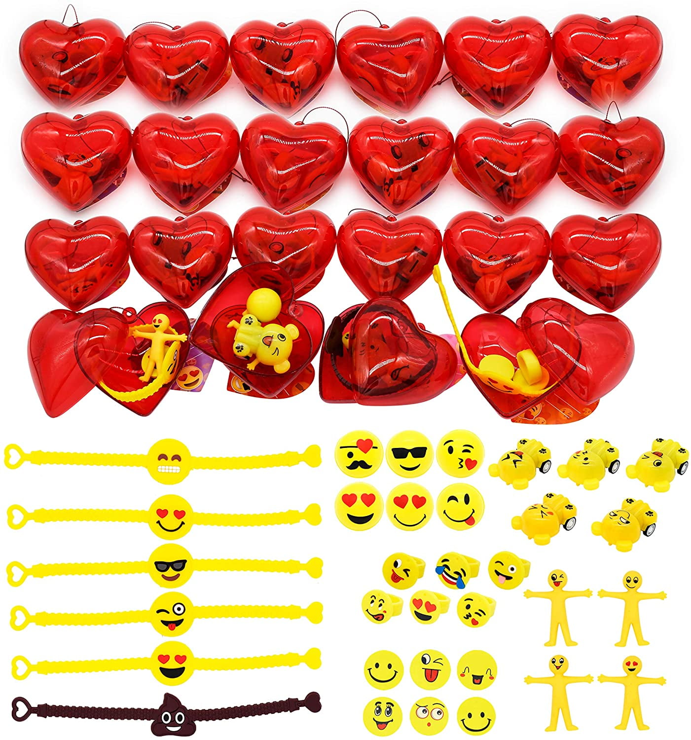 Emoji Party Favors Filled Hearts for Kids Valentine Exchange or Party Game Prizes 24 Packs Kids Valentines Party Favors Set Emoji Theme includes 24 Filled Heart Cases with 3 Random Emoji Toys and Valentine’s Day Cards for Classroom Exchange 