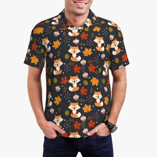 Saiise Autumn Fox Print Mens Golf Shirt Moisture Wicking Quick-Dry Print Performance Polo Shirts for Men-Large