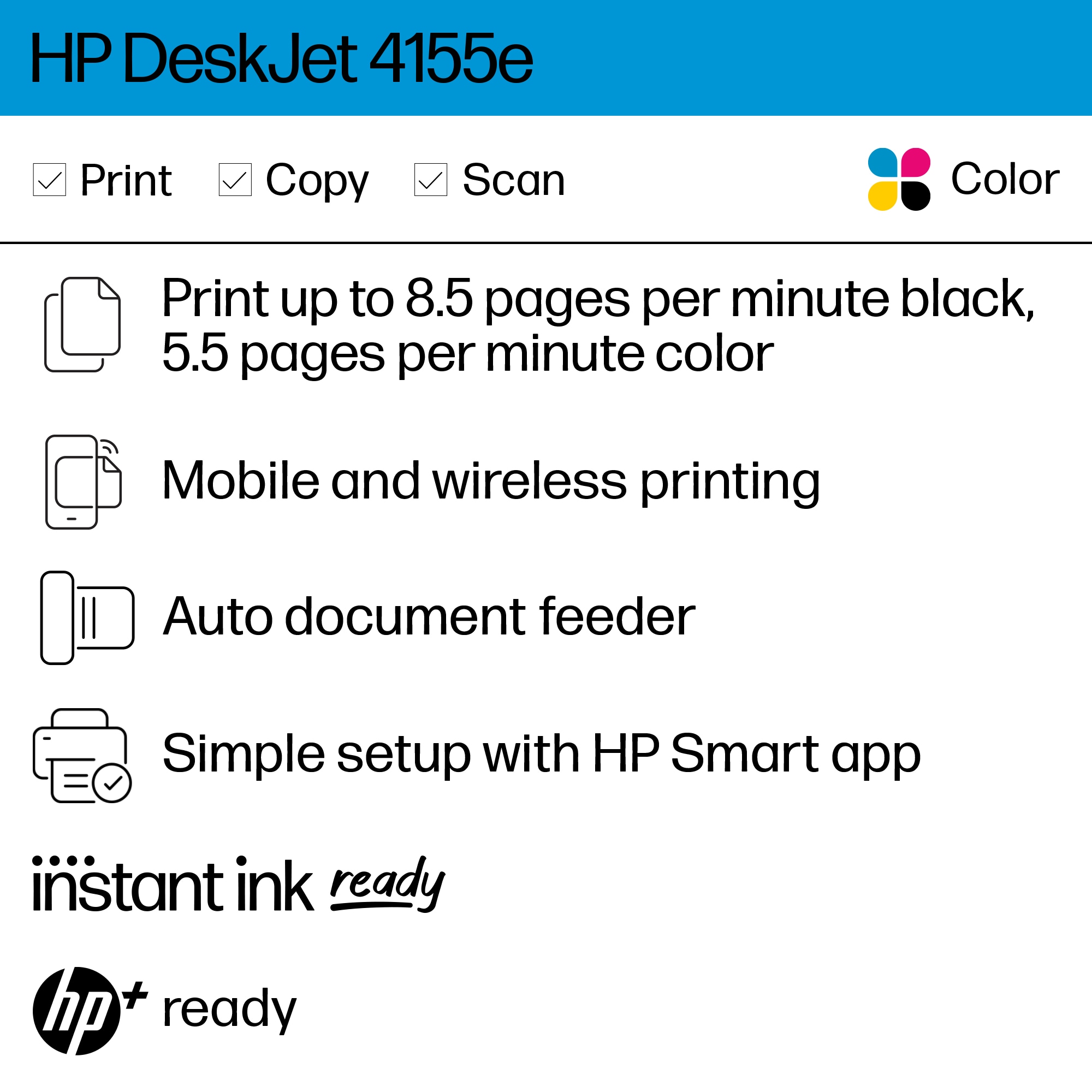 HP DeskJet 4155e All-in-One Inkjet Printer, Color Mobile Print, Copy, Scan, Send - image 5 of 7