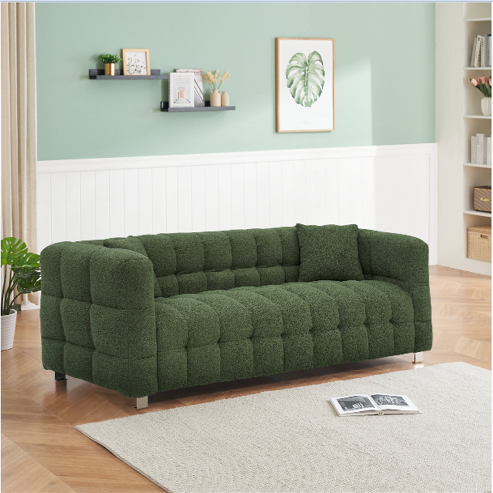 Aukfa 80" Modern Comfy Sofa, Deep Tufted Couch for Living Room, 2 Pillows, Teddy Fleece Green